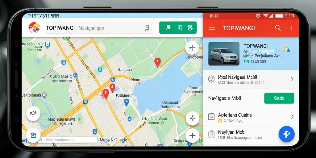 Antarmuka aplikasi TOPIWANGI saat digunakan untuk navigasi mobil.